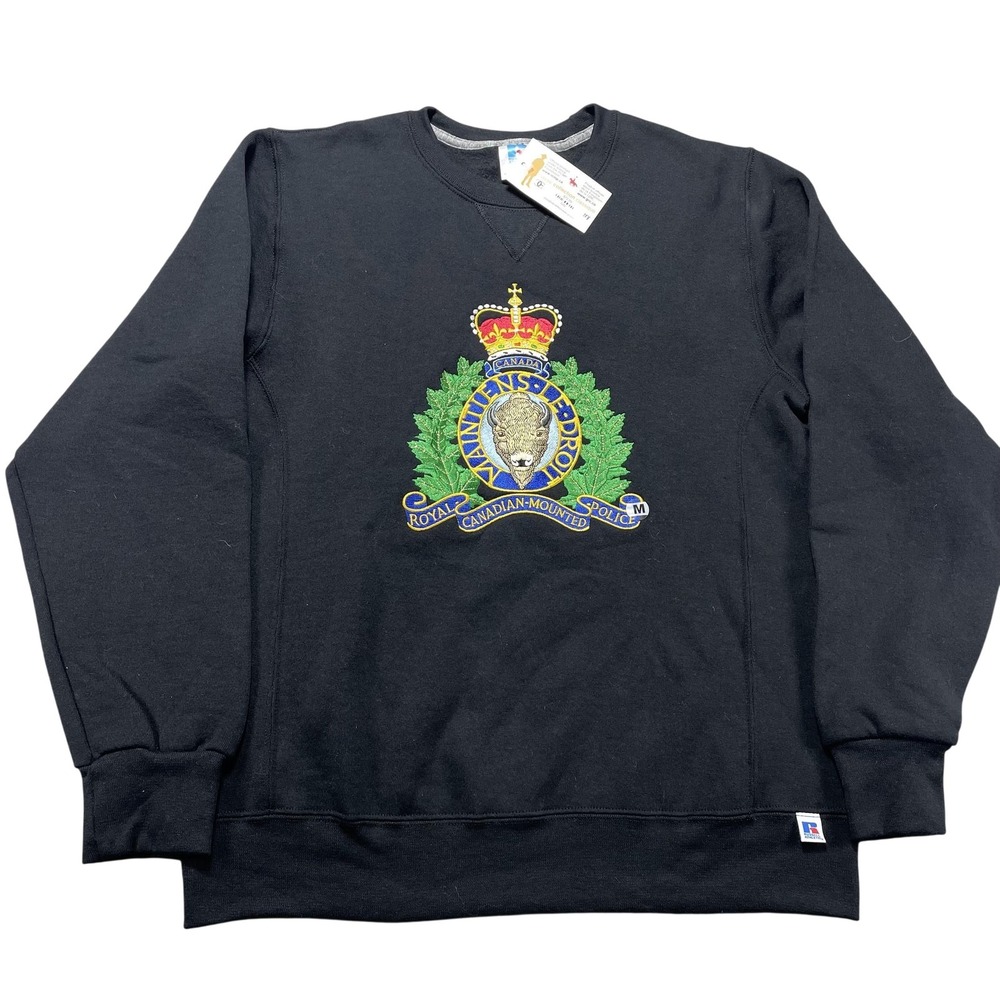 Russell Athletic Sweatshirt Mens Medium Black RCMP Crest Graphic Fleece Crewneck